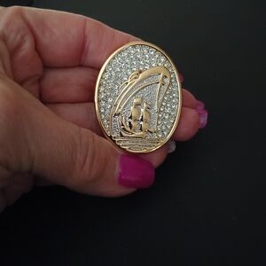 Gold and Silver Cruise Ship Oval Brooch with Rhinestones